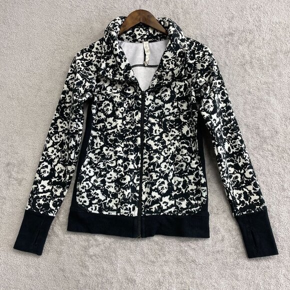 Lululemon Women's Size 6 Black & White Floral Zip-Up Sweatshirt - Picture 2 of 10